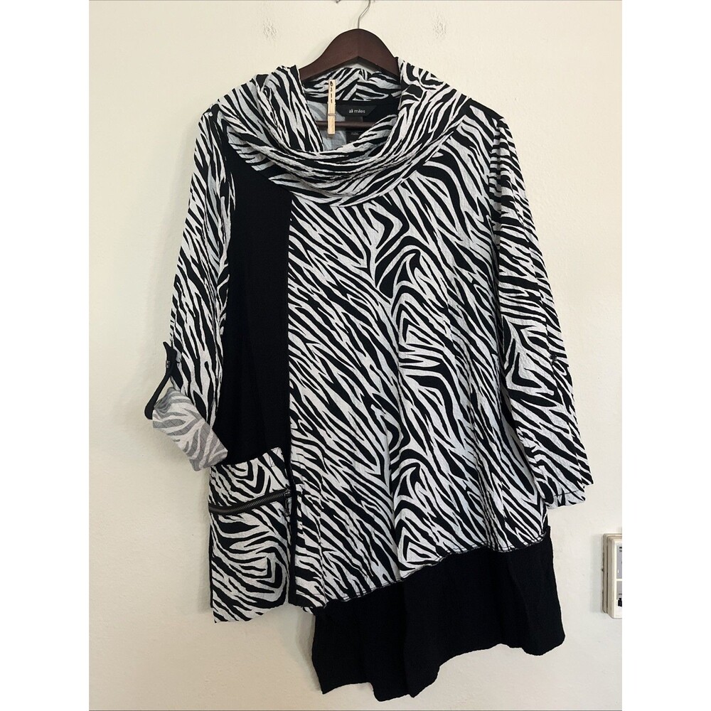 Ali Miles Cowl Neck Asymmetrical Lagenlook Zebra Roll Tab Sleeve Tunic Blouse L